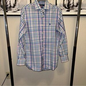 Ralph Lauren Men's Blue and Pink Plaid Shirt